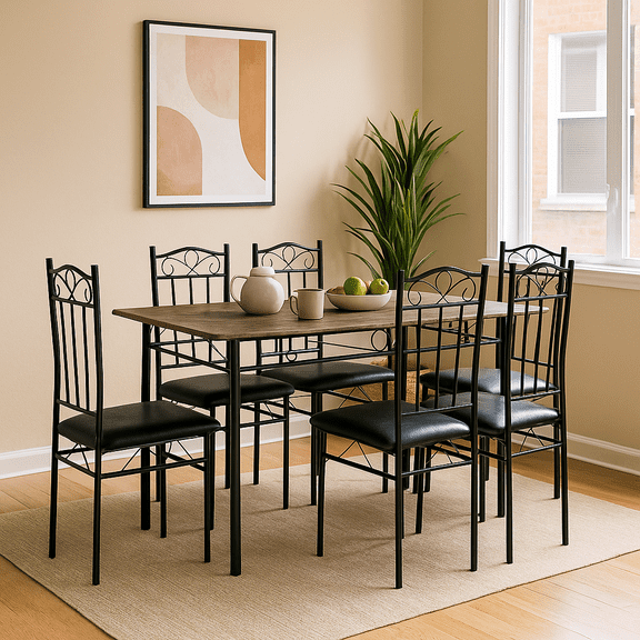 Homy Casa 7-Piece Dining Set, Table and 6 Chairs for Apartment Dining Room, Rustic Brown