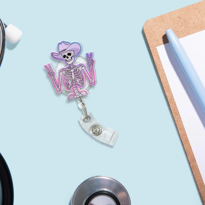 ViciArt Skeleton Cowboy Badge Reel, Acrylic Retractable ID Holder, Purple Glitter Howdy Nurse Clip