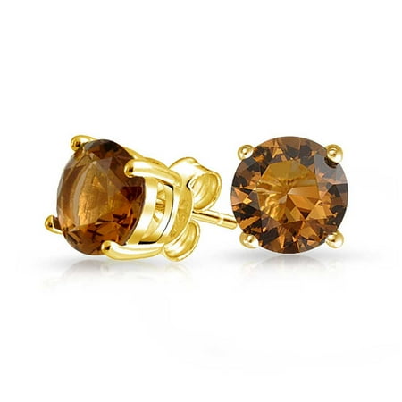 Brown Cubic Zirconia Earrings (1CT Brown Cognac Round Cubic Zirconia Brilliant Cut Solitaire AAA CZ Stud Earrings 14K Gold Plated Sterling Silver)