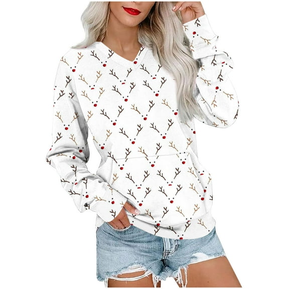 SwiftWear Women's V-Neck Christmas Sweatshirt Festive Cute Print Design Loose Fit Pullover with Front Pocket, Soft Casual Holiday Wear White