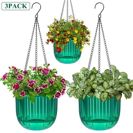 Remiawy 3 Pack Self Watering Hanging Planters Set - 2pcs 6.5 Inch and 1pc 4.5 Inch Self Watering Pots Plastic Outdoor Hanging Basket