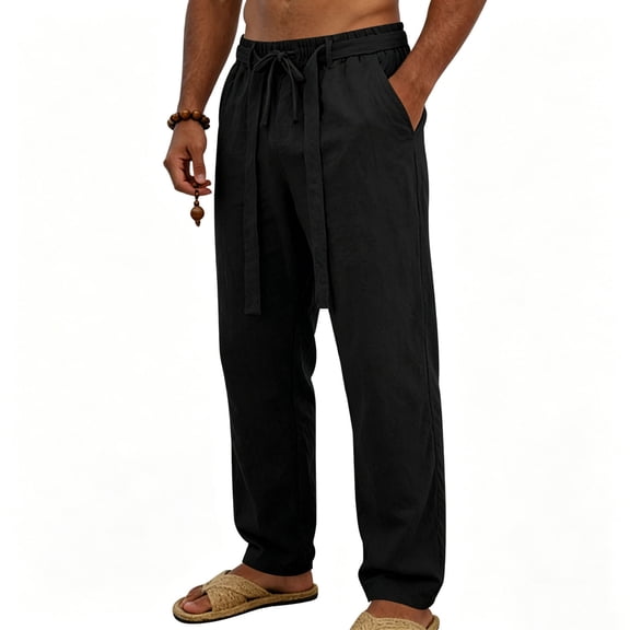 hlysgo Men's Lightweight Casual Pants Elastic Waist Drawstring Pant Summer Beach Loose Fit Trousers with Pockets Black,S