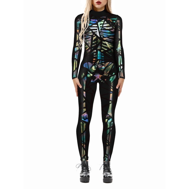 TheFound Justaucorps Squelette Halloween pour Femmes Manches Longues Col Roulé