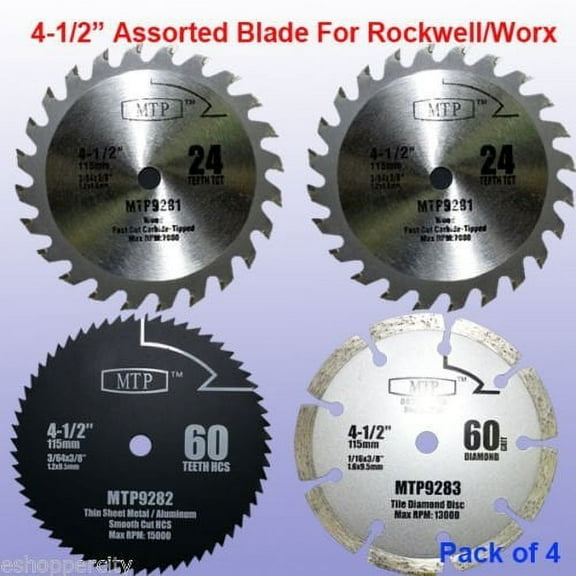 Pack Of 4 Assorted Metal/Wood 4-1/2-Inch 4.5-Inch Circular Saw Blade for Rockwell Compact Rk3441K , WORX
