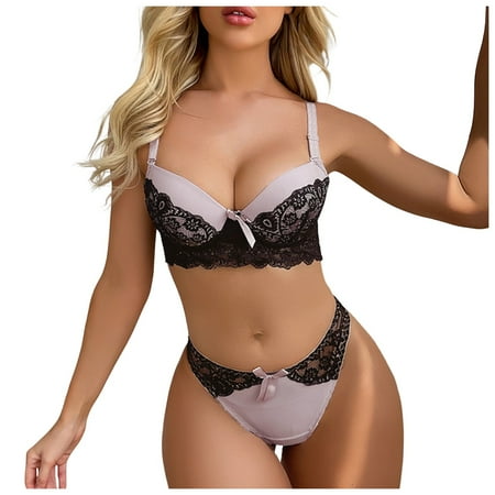 

JDEFEG Woman Underwear Set Lace Women s Fashionable and Sexy Upper Support with Small Chest and Large Steel Ring Gathered with Chest Pad Underwear Three Point Split Style Fun Set Black Size 90B