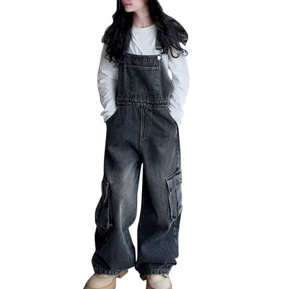 UACY Girls Cargo Denim Overalls Loose Fit Adjustable Strap Dungarees Pants Kids Wide Leg Hip Hop Jean Jumpsuits Bib Workwear (Dark Blue, 5-6 Years)