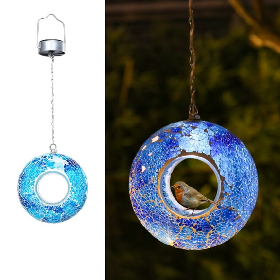 Outdoor Bird Feeder,Glass Fly Through Solar Bird Feeders,Mosaic Bird Feederfor Outdoor Hanging with Round Shape Glass Container for Garden Yard Decor