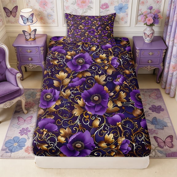 Manfei Boho Blossom Twin Fitted Sheet 2 Pieces,Vintage Damask Bedding,1 Fitted Sheet and 1 Pillowcase