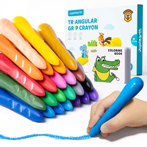 JUPITEARTH 24 Ct Crayons with Coloring Book & Bonus Stickers, Non-Toxic & Washable Triangle Art Supplies and Ideal for