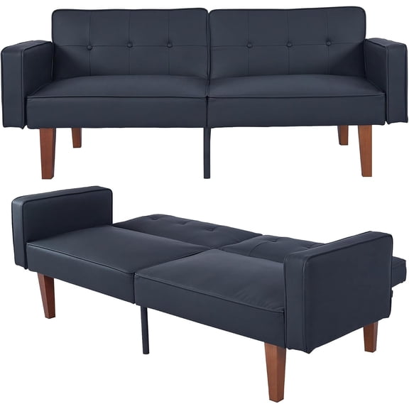 LHTERConvertible Fabric Black Futon Sofa Bed with Split Back,Mid Century Modern Sleeper Couch Beds,68.11" Tufted Loveseat Futons for Living Room RV, Small Spaces