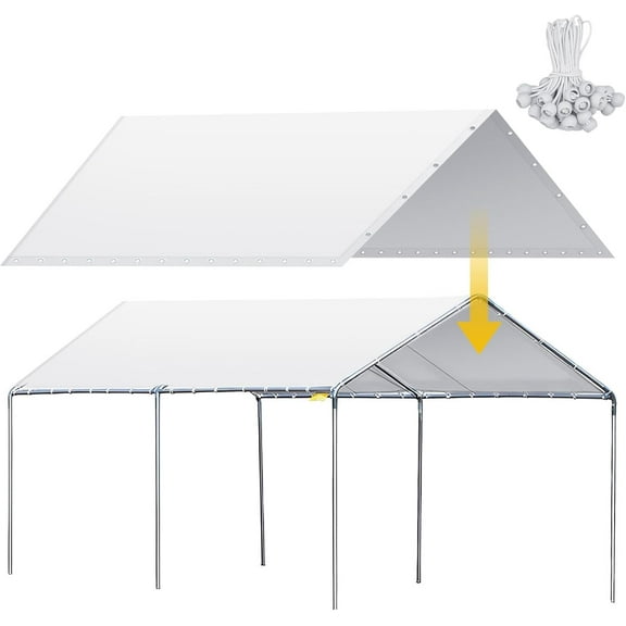 10 x 20 ft Heavy Duty Carport Canopy Waterproof Garage Car Shelter Tarp Tent for Car Canopy Replacement Cover with 50 Ball Bungees, Only Top Cover, Frame is Not Included