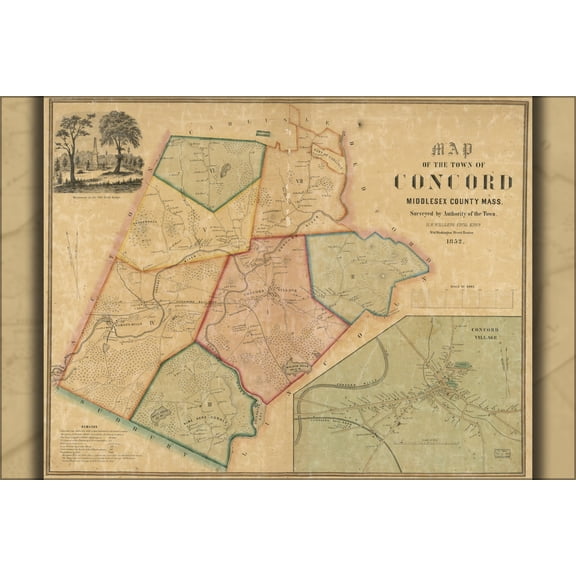 24"x36" Gallery Poster, Map of Concord, Middlesex Co Massachusetts 1852