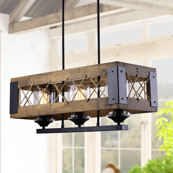 LNC 3-Lights Farmhouse Distressed Brown Wood Clear Glass Linear Chandelier