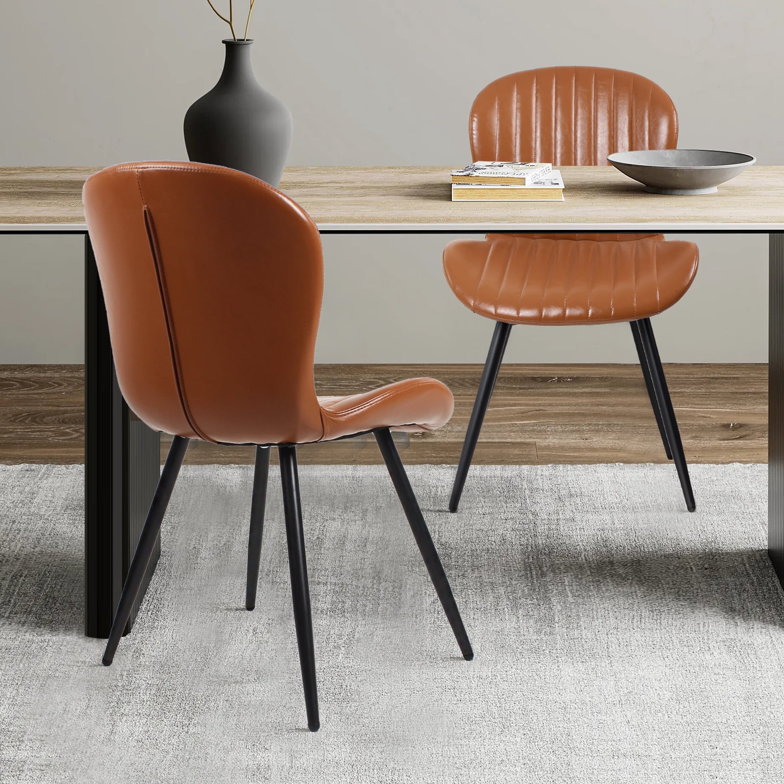 Set of 2 Brown Dining Chairs, Modern 2nd-Gen Leather Upholstered Chairs, Ergonomic Curved Backrest, Thick Cushion & Sturdy Metal Legs, 400 lbs Capacity, Waterproof & Scratch Resistant