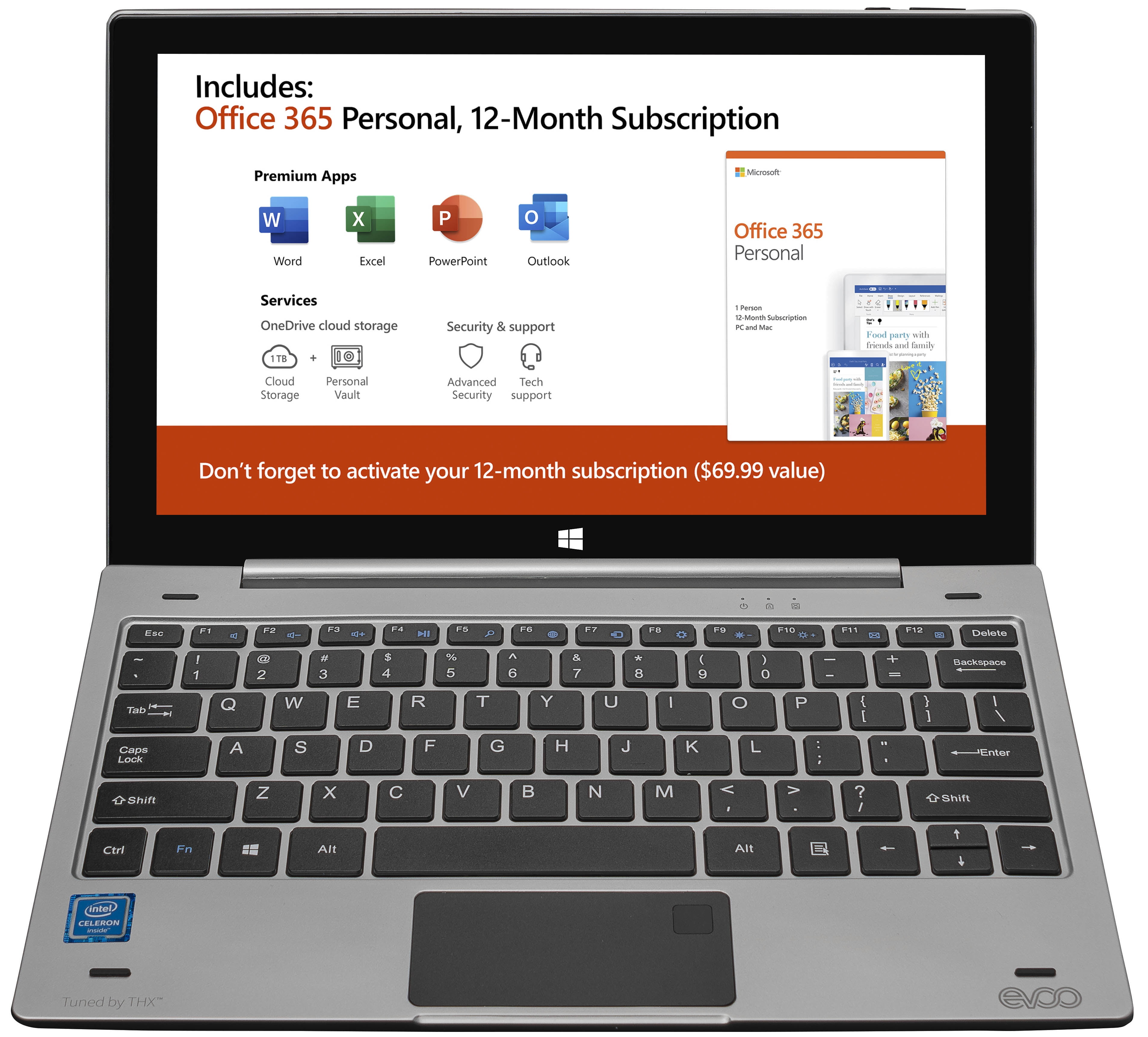 EVOO 11.6" Tablet with Keyboard, Full HD, Tuned by THX Display, 32GB