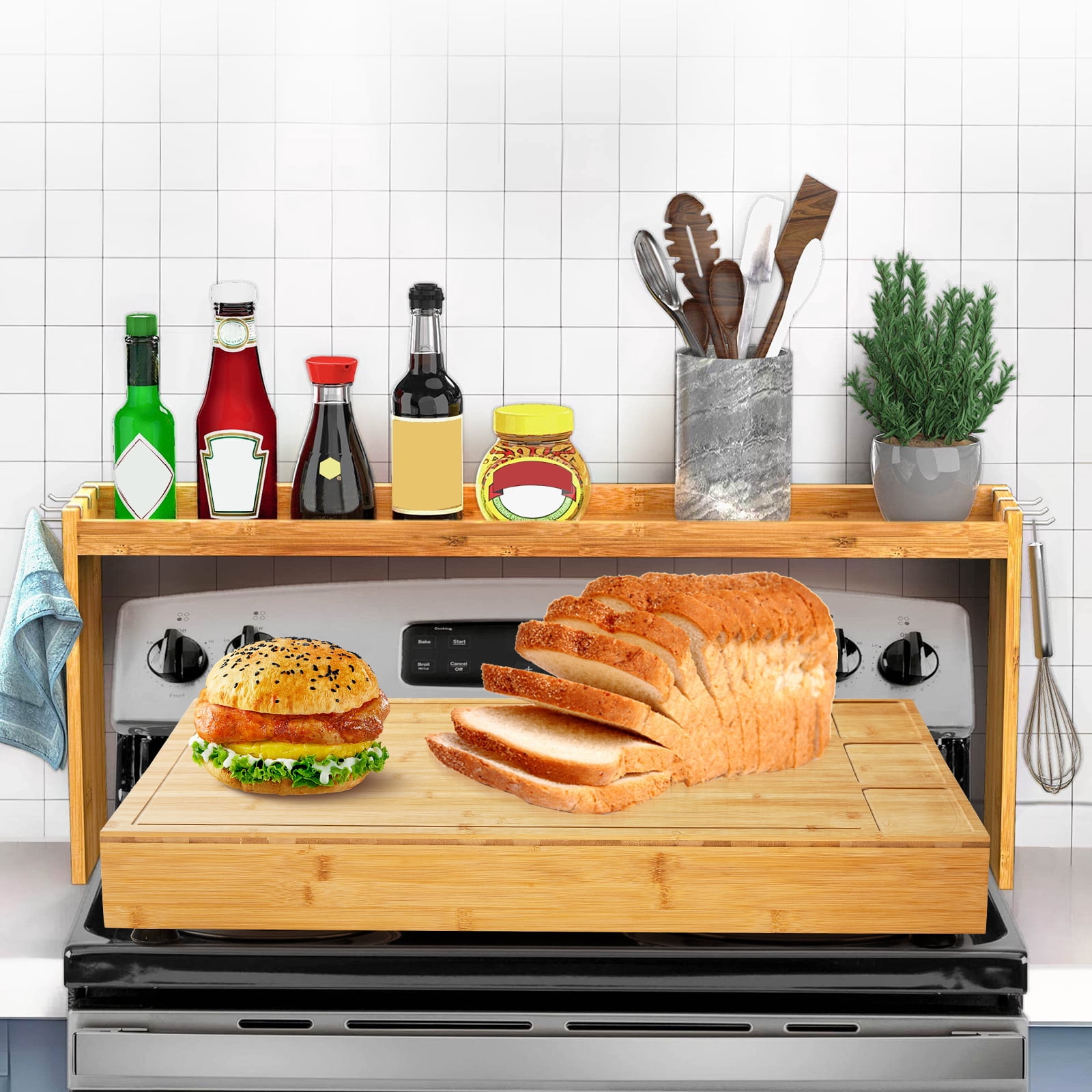 Bamboo Cutting Board & Stovetop Cover - Raised Chopping Board with Detachable Legs, Juice Groove & Compartments - Versatile Sink Cover for Home and Restaurant Kitchen Countertops