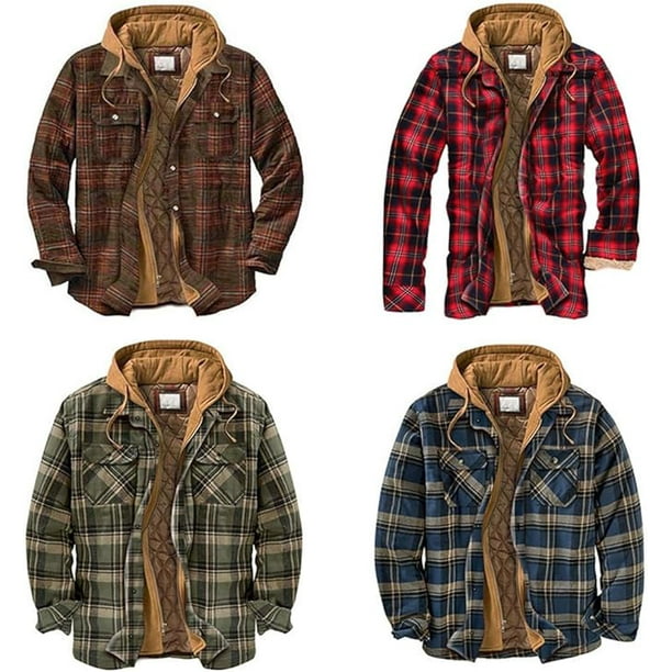 Checked Padded Shirts Mens Lumberjack Jacket with Hood Quilted Hooded Flannel Thick Lined Warm Coats Long Sleeved