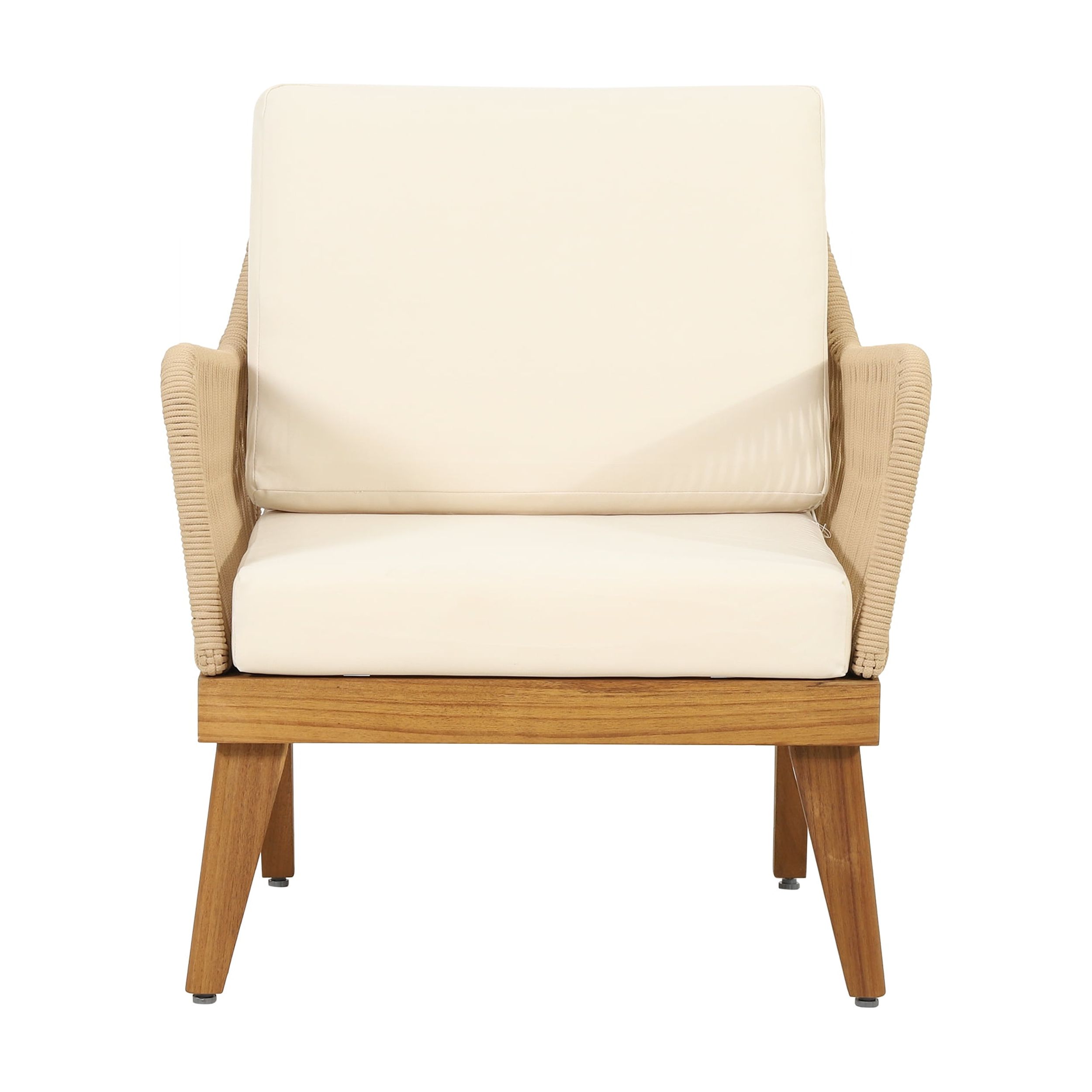 Outdoor Single Leisure Chair, Acacia Wood and Rope Weave Integrated Design for Patio Garden, Teak and Beige
