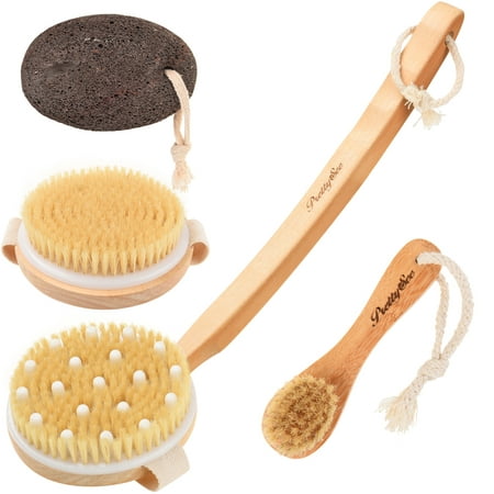Body Brush Set Shower Back Scrubber for Dry Brushing Exfoliating Bath Massager with Detachable Long Handle + Facial Brush + Pumice