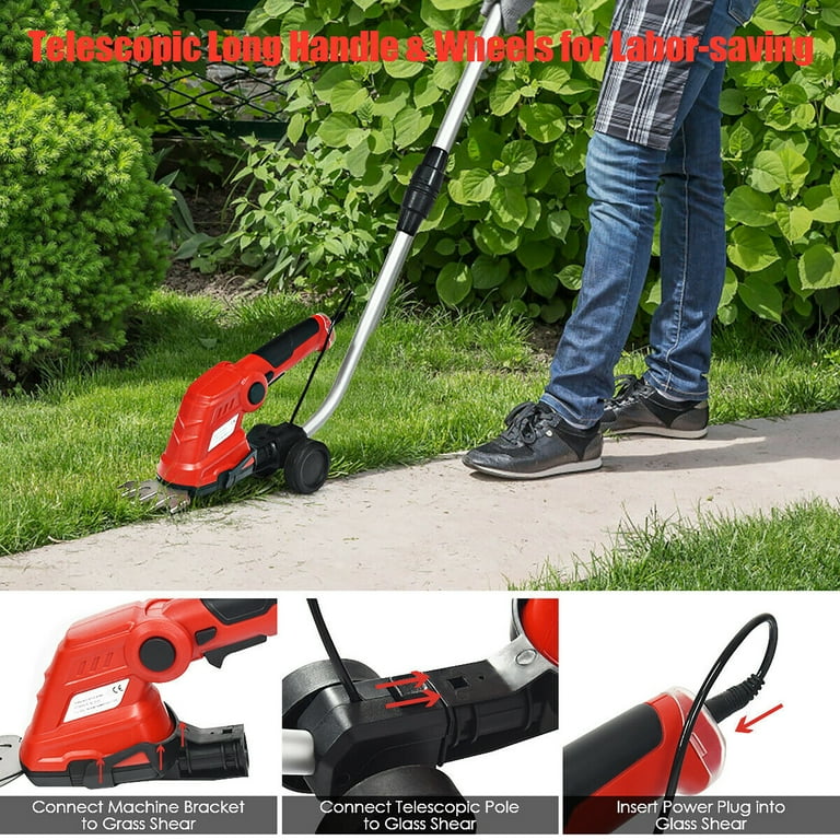 Costway 7.2V Cordless Grass Shear Shrub Trimmer w Blades Wheeled Extension Handle