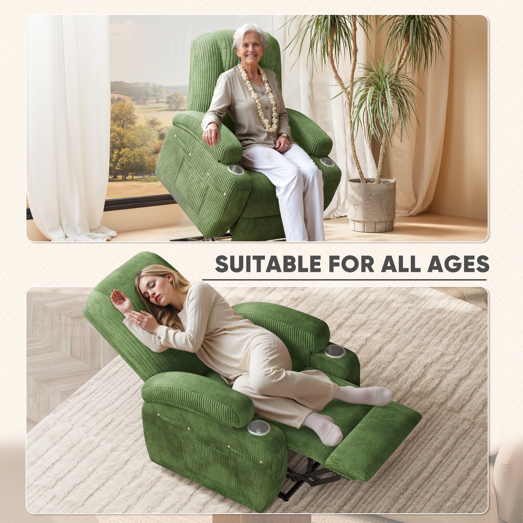 Homall Power Lift Recliner with Eight Vibrating Massages Ergonomic Single Sofa with Side Pocket and Soft Corduroy for Elderly,Corduroy Green