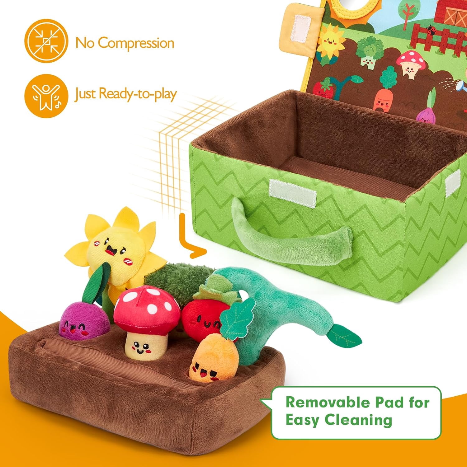 Squeak and Harvest Sensory Garden Plush Tool 6 Piece Set for Adults Desk Stress Relief Soft Fabric Pulling Vegetable Fidget Calm Down Tool