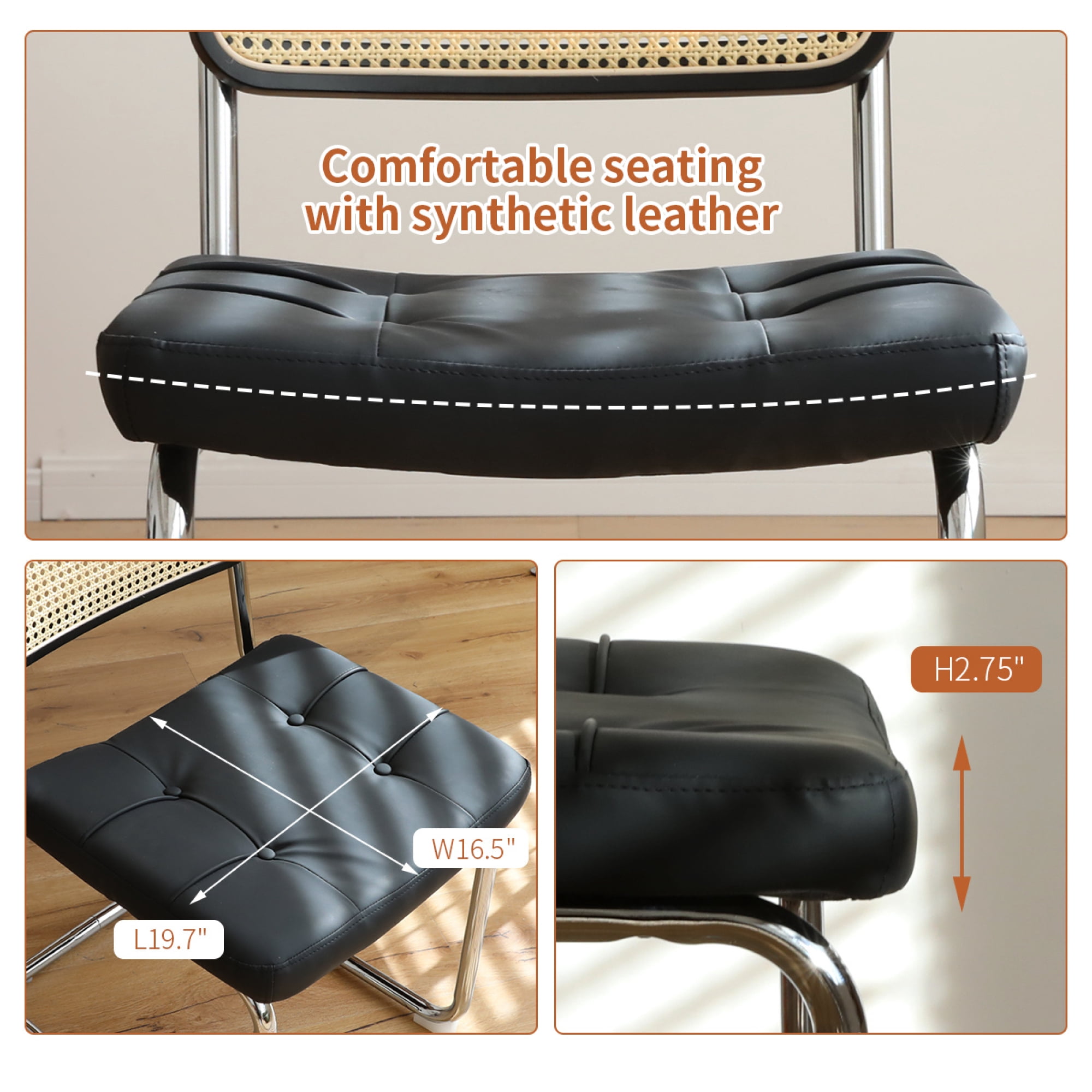 Leumius Set of 2 Dining Chairs, Faux Leather Rattan Side Accent Chairs with Chrome Legs, Modern Mid Century Breuer Designed Chairs for Dining Living Room Kitchen (Black)