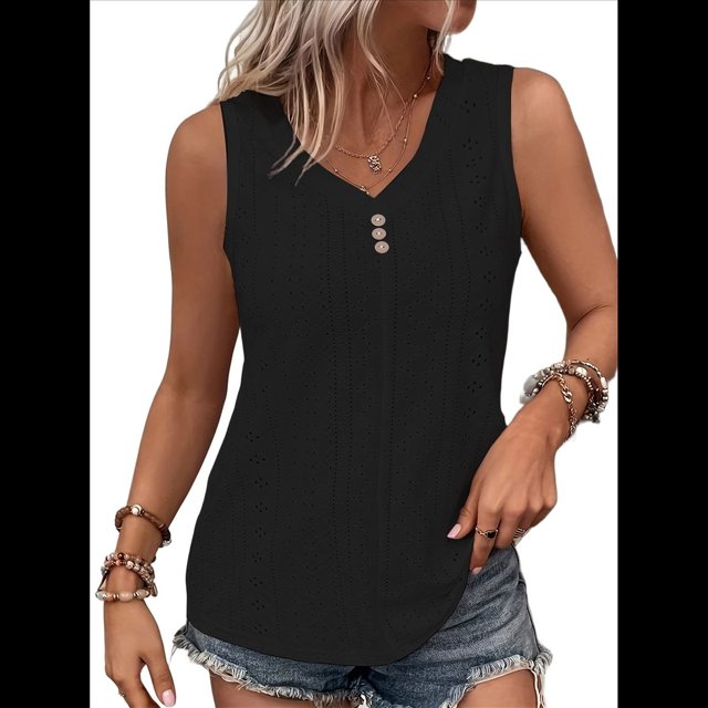Camiseta Sin Mangas para Mujer, Conjuntos de Verano, Camisetas con Cuello en V, Camisetas Modernas con Ojales, Ropa Básica Sin Mangas para Vacaciones en la Playa Negro XL