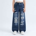 thumbnail image 2 of WMQPNNS Girls Wide Leg Denim Pants Baggy Jeans with Pockets, Elastic Waist Cute Print Denim Pants Girl Clothing, Size 9-10 Years, tr2-Dark Blue, 2 of 6
