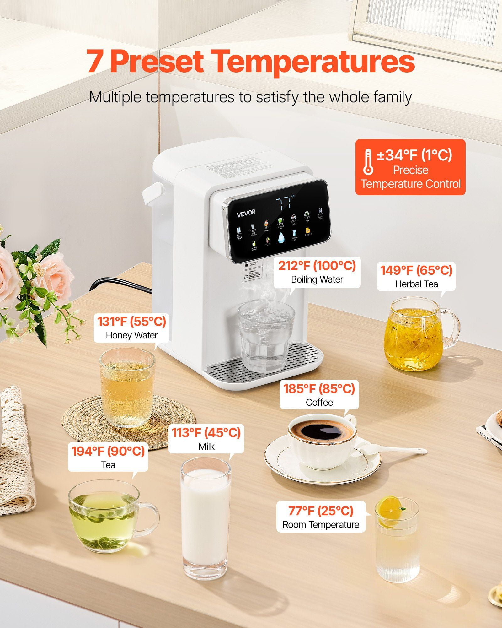 Instant Hot Water Dispenser Adjustable 7 Temperatures 7 Water Volumes 118oz Removable Tank Quick Heating Touchscreen Child Lock