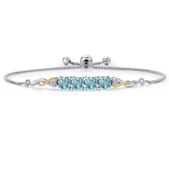 Gem Stone King 925 Silver and 10K Yellow Gold Blue Zircon and White Lab Grown Diamond Bracelet for Women | 3.42 Cttw | Gemstone | Round 5MM | Fully Adjustable 9 inch
