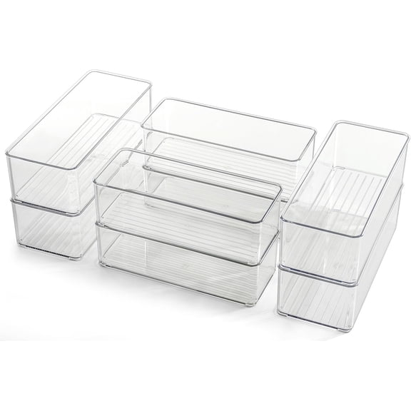 8 Pack Clear Plastic Drawer Organizers Set, Stackable Deep Drawer Organizer for Makeup Vanity and Desk, 2 Sizes Tall Bathroom Drawer Organizer