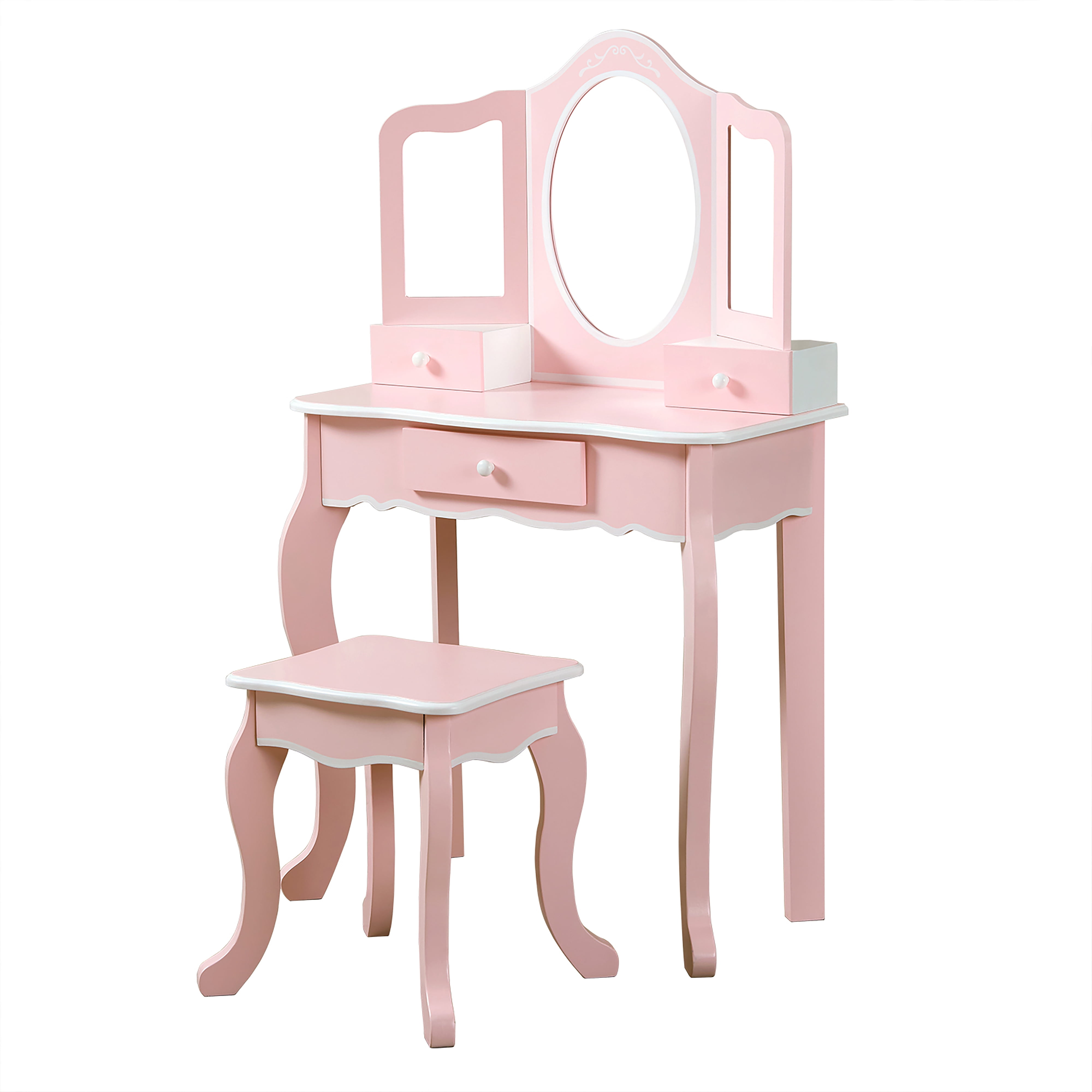Teamson Kids Vanity Table & Stool Set with Acrylic Tri-Fold Mirror, Pink