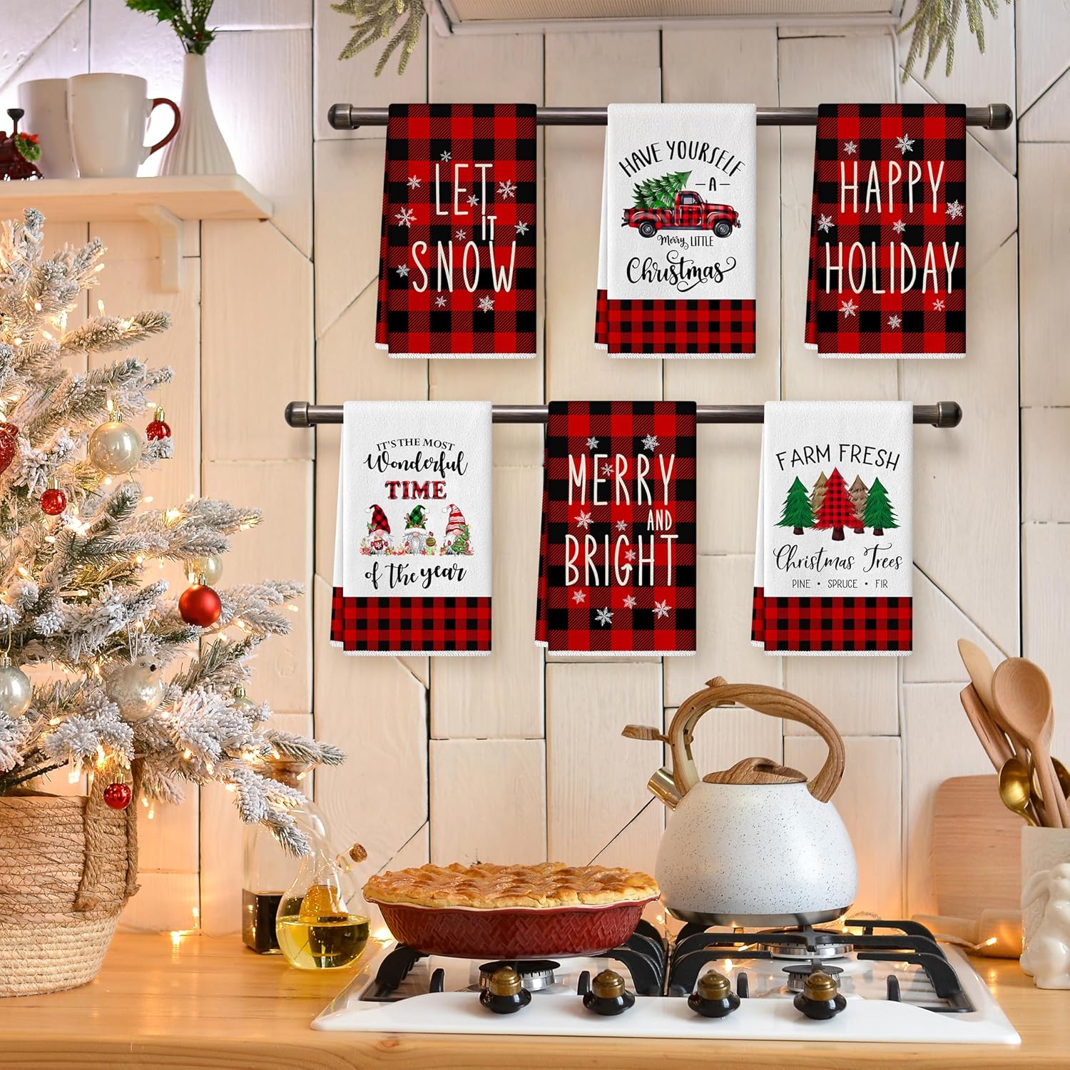 Christmas Kitchen Towels Dish Towels 18 x 26 Inch Buffalo Plaid Kitchen Decor Winter Holiday Tea Towels Hand Towels Christmas Absorbent Drying Cloth for Cooking Set of 6
