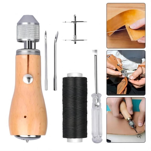 Leather Sewing Kit with Stitch Awl, Waxed Thread, Curved & Cone Needles, Built‑in Spool, Screwdriver – Complete DIY Craft Leather Repair Tool Set, Sewing Accessories for Hand Stitching