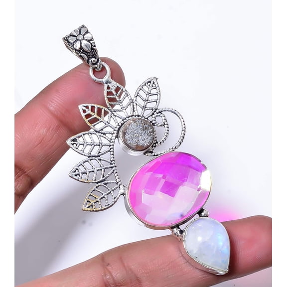 Aura Rainbow Mystic Fire Topaz, Moonstone 925 Sterling Silver Pendant 3.12" P615