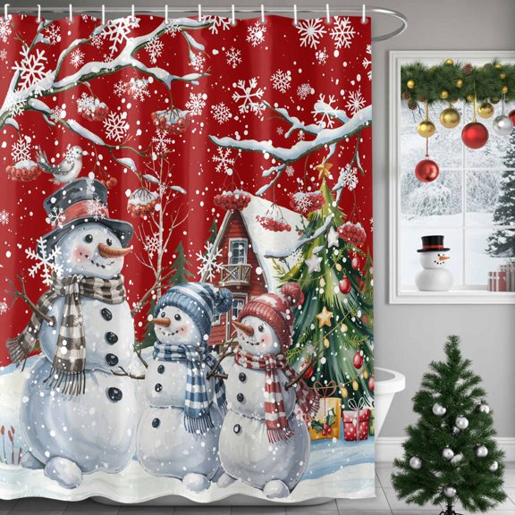 Shower Curtain 36"W x 72"L Christmas Snowman Xmas Tree Red Fabric Shower Curtains Set with Hooks Water Repellent Bathroom Curtains Machine Washable Bathroom Accessories