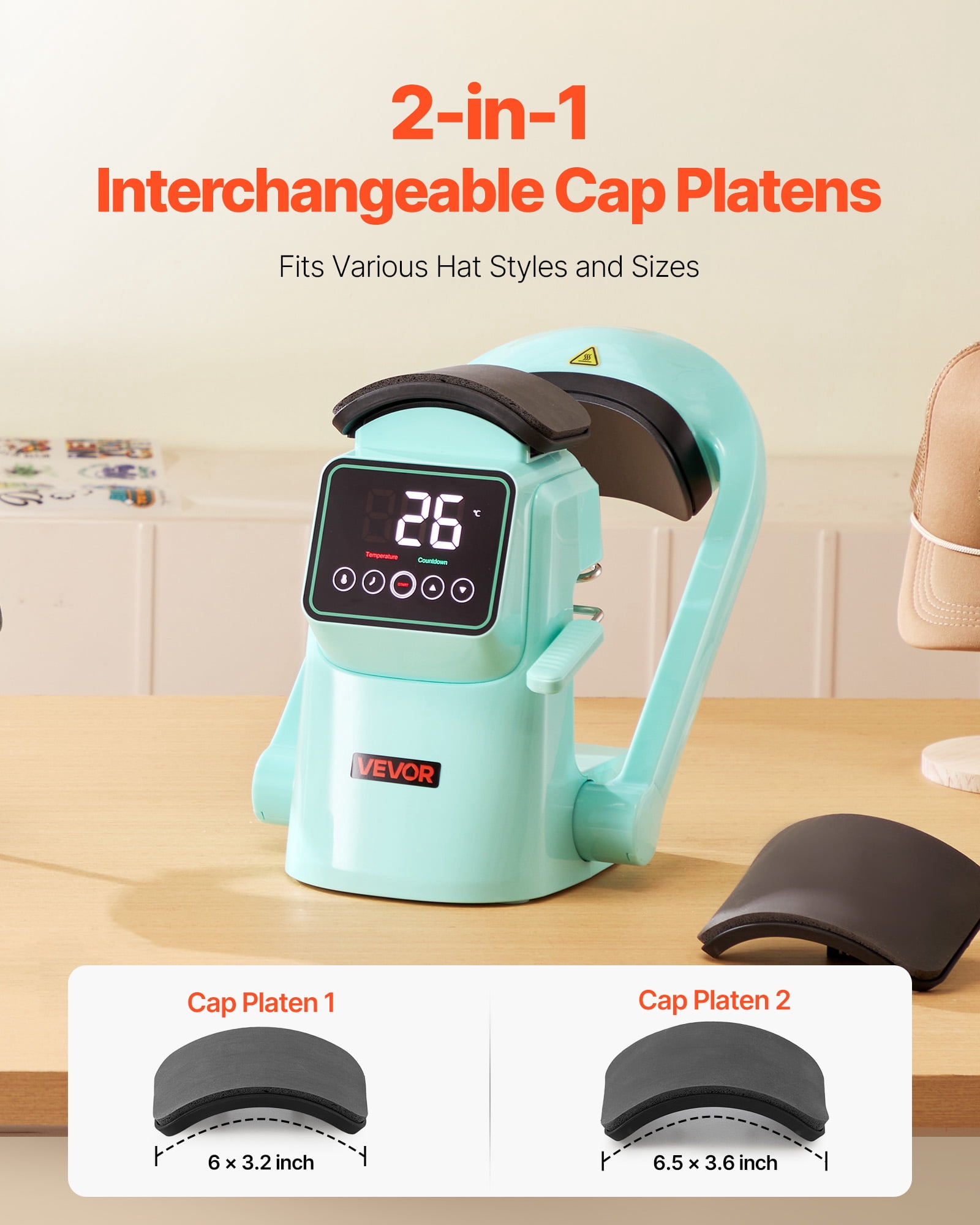 VEVOR Auto Hat Heat Press Machine, with 2pcs Interchangeable Platens, Automatic Open and Release, Touchscreen for Precise Time and Temperature Control, Heat Transfer Printing for Caps, Hats, Green