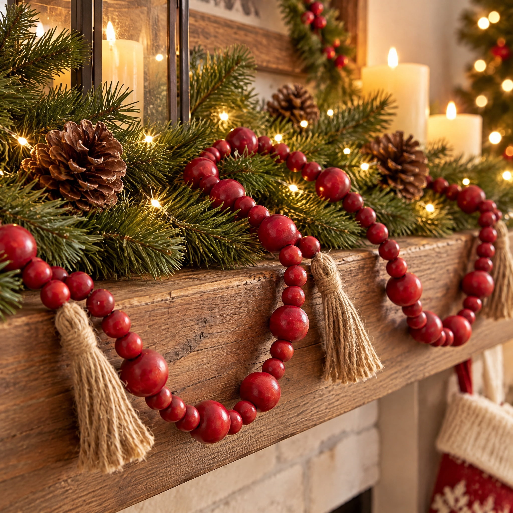 Wood Bead Christmas Garland, Red, 9', by Holiday Time