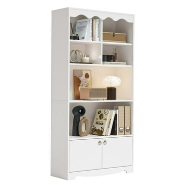 63 In Tall Bookshelf, 5 Tier Open Bookcase with Storage and Doors, Wood Display Storage Shelves for Bedroom Living Room Home Office, White
