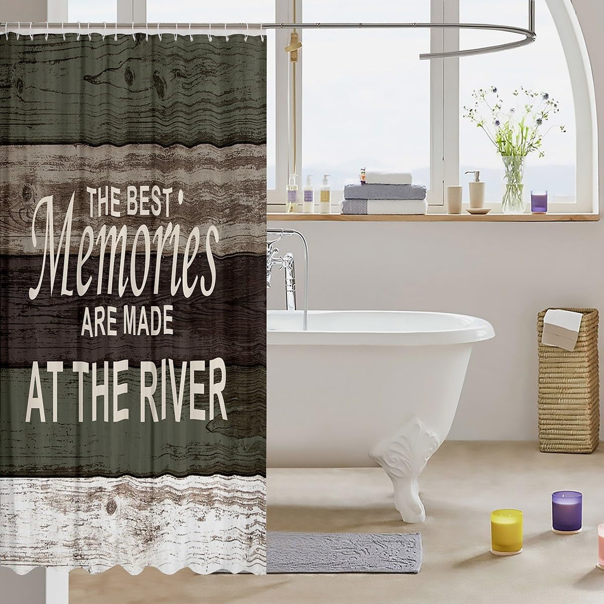 River Theme Shower Curtain Vintage Wood Bathroom Shower Curtain Set for Kids Adult Rustic Farmhouse Bath Curtain Blue and Brown Waterproof Curtains Room Decor 72 x 72 Inch