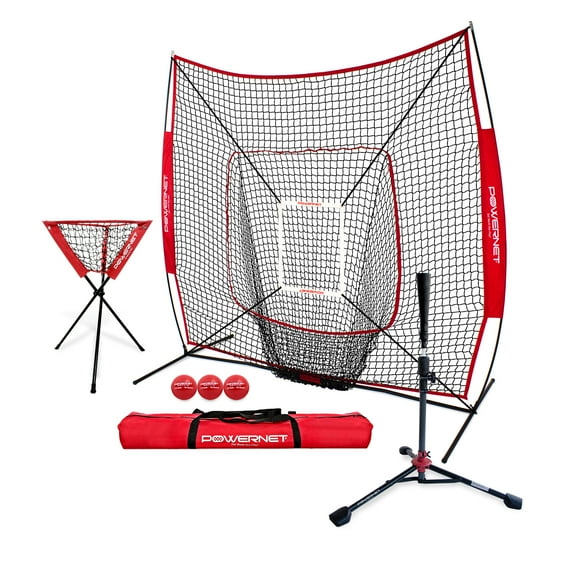 PowerNet DLX Pro Bundle (Baseball Softball Net w/ Strike Zone, 3 Training Balls, Travel Tee & Ball Caddy)
