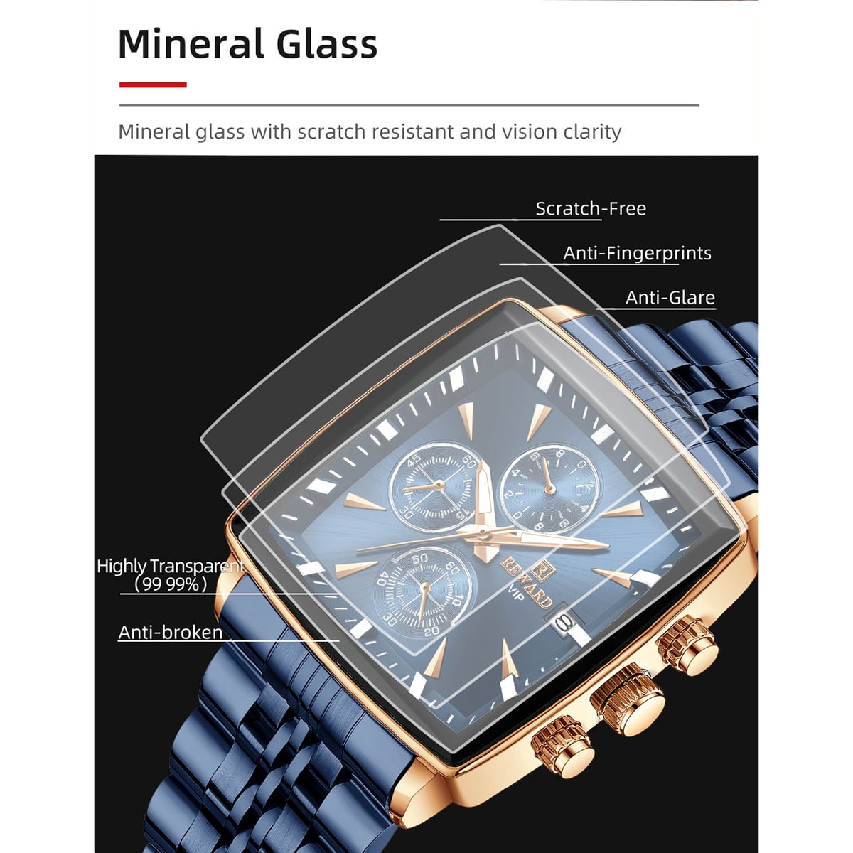 Square Watches for Men Blue Stainless Steel Chronograph Fashion Business Watch Luminous Waterproof Casual Wrist Watches
