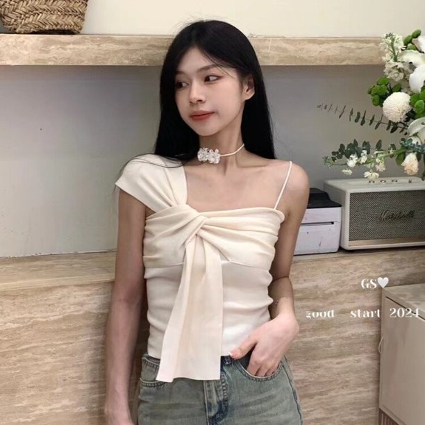 Camisetas asimétricas con hombros descubiertos para mujer, tirantes fruncidos, anudados, ajustadas, de verano, estilo puro, sexy, Ulzzang, picante, para chicas, look urbano, moda