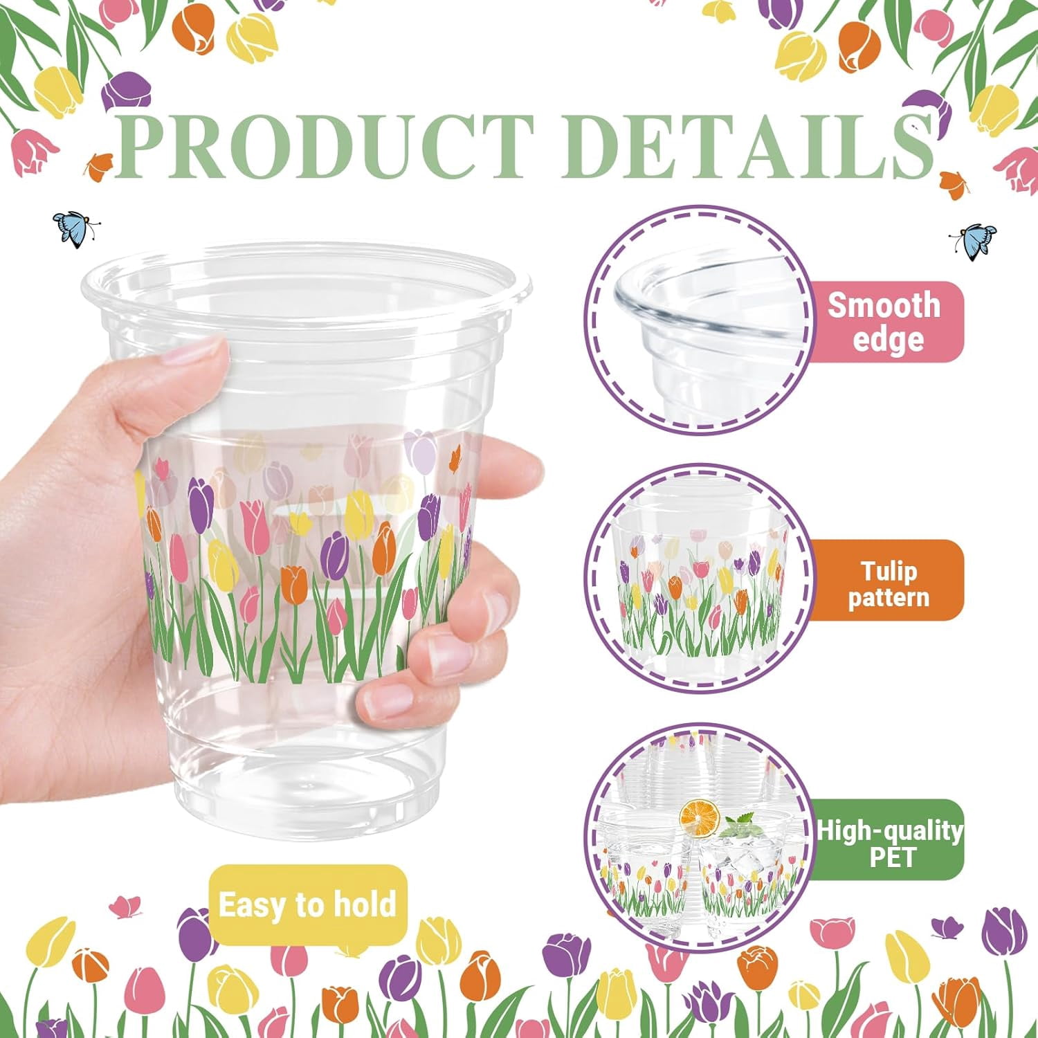 100 Pcs Tulip Floral Plastic Cups 12 oz Easter Floral Drinking Cup Flower Spring Summer Disposable Cold Beverage Cup for Spring Birthday Wedding Baby Shower Party Supplies
