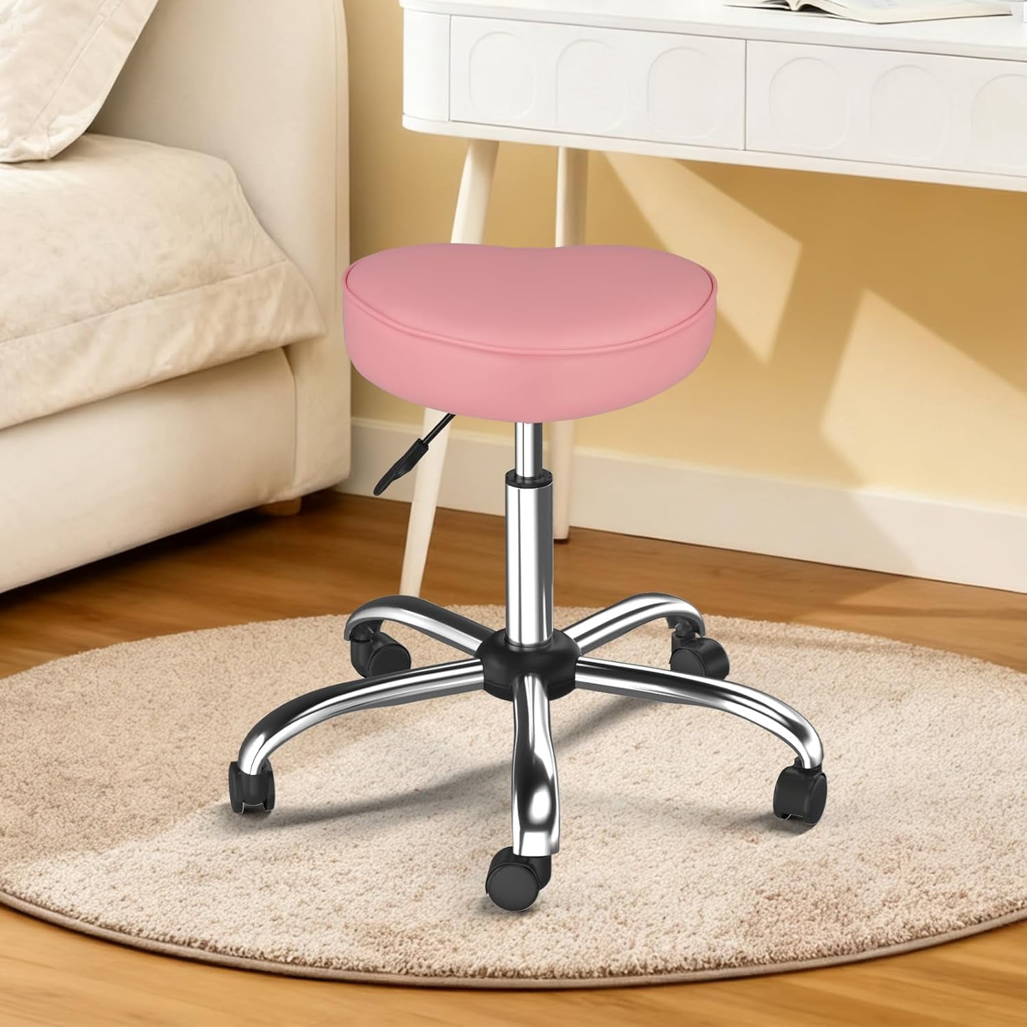 OmySalon Rolling Stool with Wheels, Hydraulic Massage Chair, Heart-Shaped Adjustable Salon Stool, Swivel Stools for Hair Stylist, Vanity SPA, Bar, Barber, Home Office, Tattoo, Hot Pink