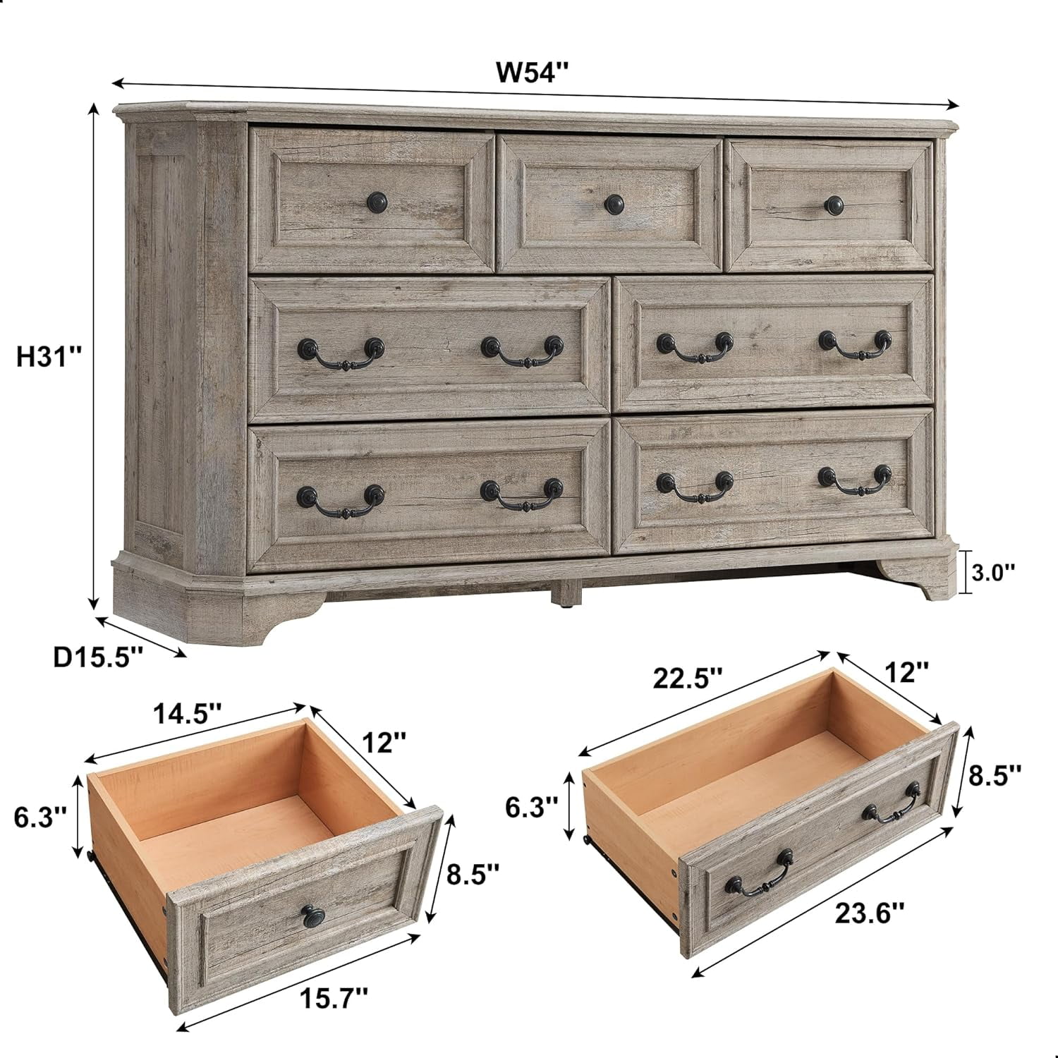 OKD Farmhouse 7 Drawers Dresser Chests for Bedroom, 54" Wide Wood Rustic Storage Cabinet for Living Room, Hallway, Light Rustic Oak