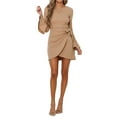 thumbnail image 3 of hirigin Women Spring Autumn Casual Dress Solid Color Round Neck Flare Long Sleeve Mini Dress Fashion Wild Side Tie Knot Dress, 3 of 9