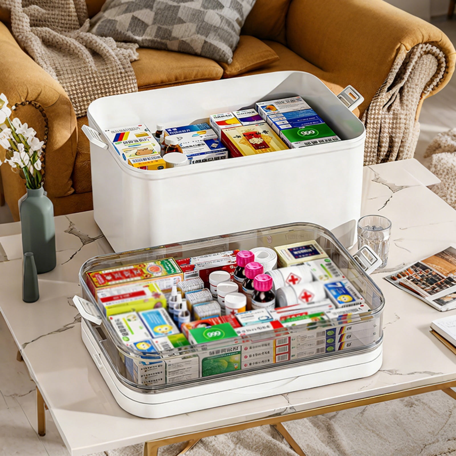 Asnews 5-Tier Large Medicine Organizer Box With Free Travel Pill Case – Portable First Aid Kit, Clear Medicine Storage With Handle & Secure Latch For Home (Extra Large Capacity)