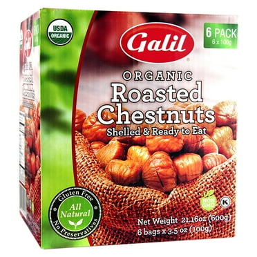 Galil Organic Roasted Chestnuts - 3.5 Oz Bags (Pack Of 6) - Shelled - Ready To Eat Snack, Gluten Free, All Natural, No Preservatives - Great for Snacking, Baking & Cooking - 100% Vegan